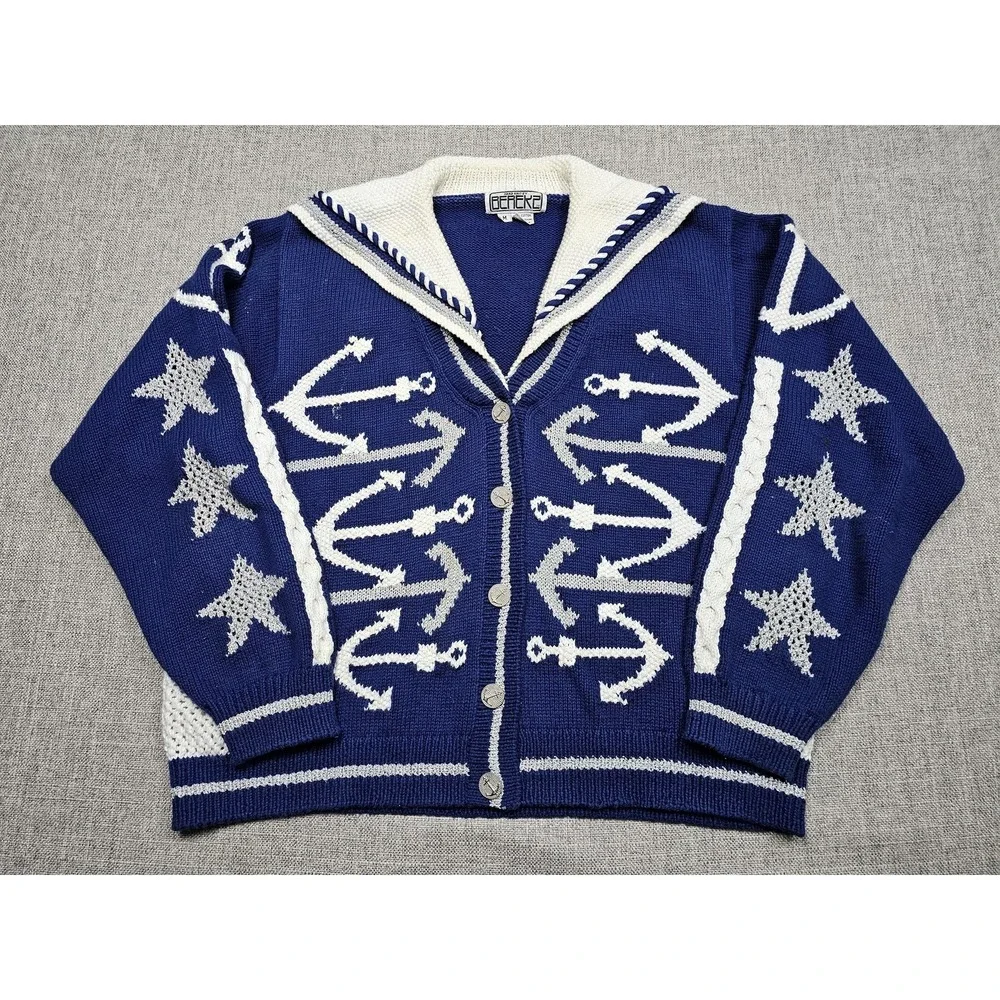 Vintage Berek 2 Cardigan Sweater Womens‎ Medium Blue Anchor Nautical Knit Stars